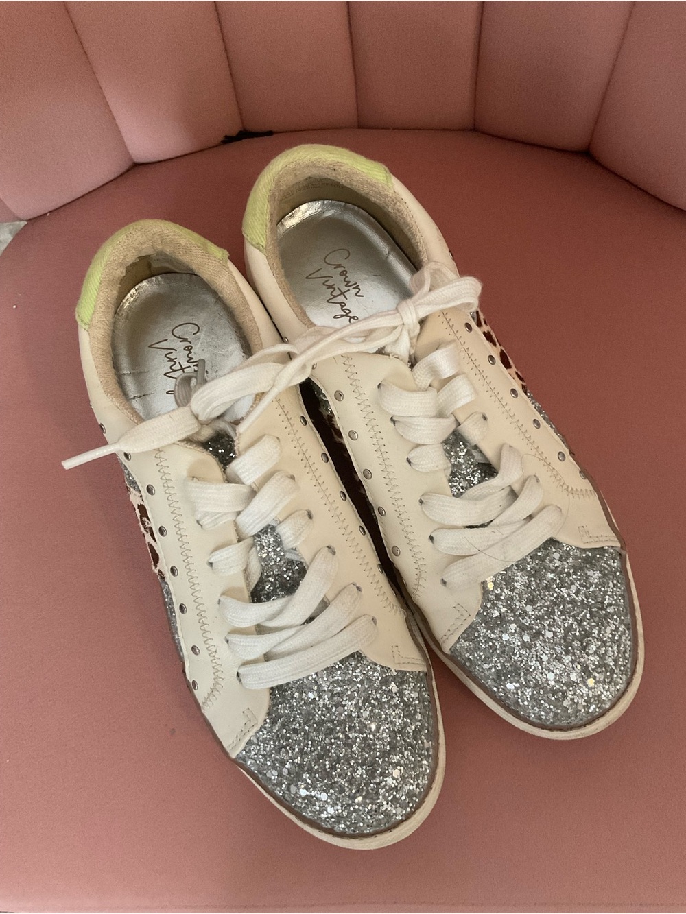 Crown Vintage Cream Sneakers with Silver Glitter Toe